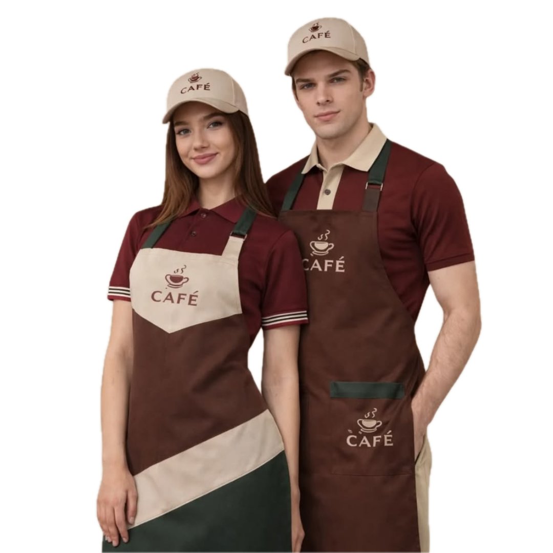 Cafe staff wearing polo shirts, aprons, and caps